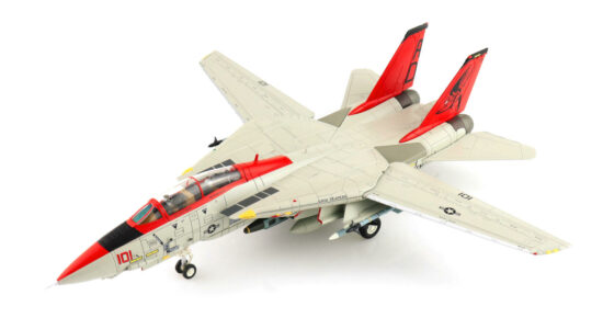 Front port side view of the 1/72 scale diecast model Grumman F-14B Tomcat BuNo 162923, tail code AD/101 of Fighter Squadron 101 "Grim Reapers", US Navy 1997 - Hobby Master HA5246