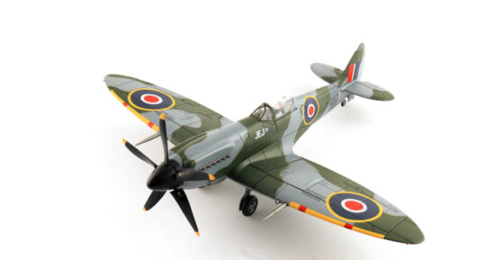 Front port side view of the 1/48 scale diecast model of the Supermarine Spitfire Mk.XIVe serial number MV257/JE-J. Flown by Group Captain Johnnie Johnson, Commanding Officer of  No.125 Wing, Royal Air Force - Hobby Master HA7114
