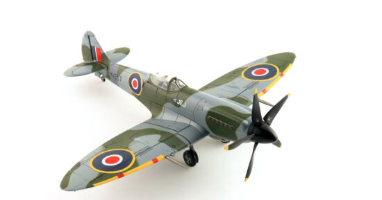 Front starboard side view of the 1/48 scale diecast model of the Supermarine Spitfire Mk.XIVe serial number MV257/JE-J. Flown by Group Captain Johnnie Johnson, Commanding Officer of  No.125 Wing, Royal Air Force - Hobby Master HA7114