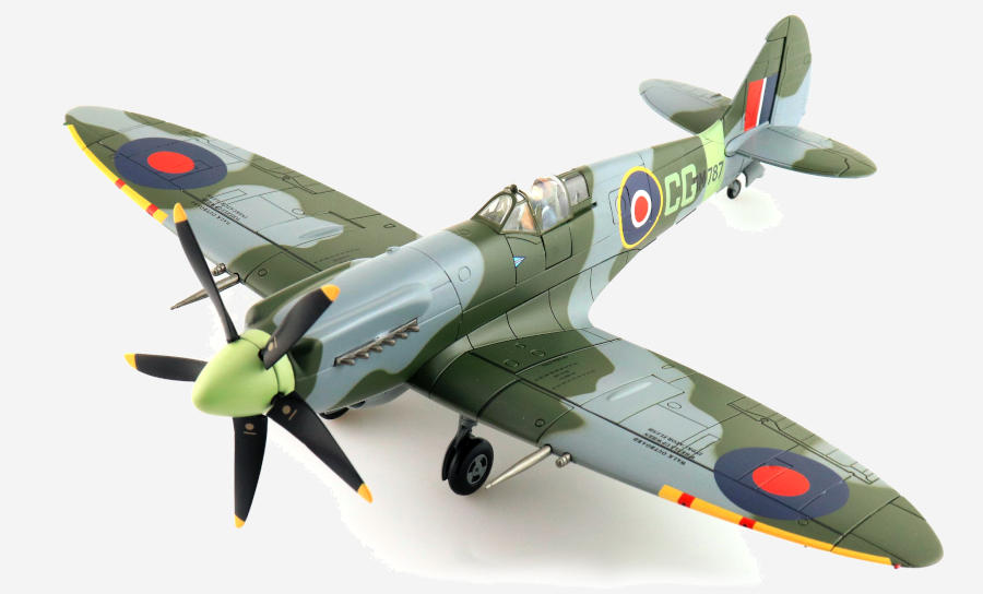 Front port side view of the 1/48 scale diecast model of the Supermarine Spitfire Mk.XIVc serial number RM787/CG flown by Wing Commander Colin Gray, Lympne Wing, Royal Air Force, October 1944 - Hobby Master HA7115