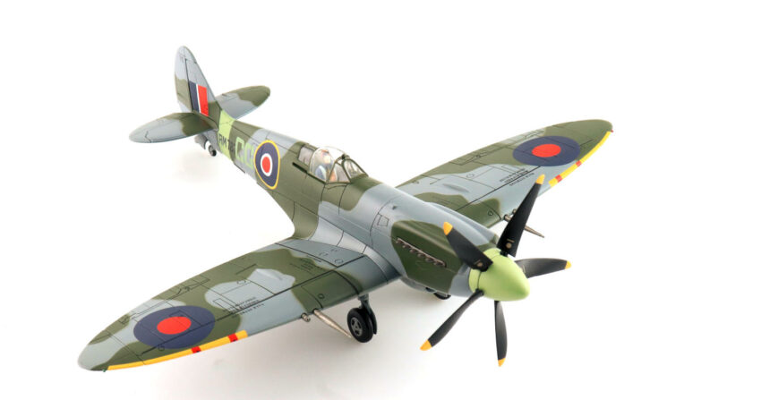 Front starboard side view of the 1/48 scale diecast model of the Supermarine Spitfire Mk.XIVc serial number RM787/CG flown by Wing Commander Colin Gray, Lympne Wing, Royal Air Force, October 1944 - Hobby Master HA7115