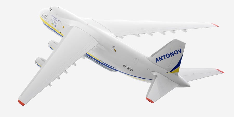 Rear top view of the 1/200 scale diecast model of the Antonov An-124-100M-125 Ruslan registration UR-82088 in Antonov Airlines livery Gemini Jets G2ADB1082