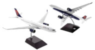 View of the on display stand, 1/200 scale diecast model of the Airbus A330-900 NEO registration N407DX in Delta Air Lines livery - Gemini Jets G2DAL1110