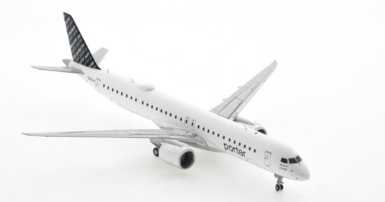 Front starboard side view of the 1/200 scale diecast model Embraer E195-E2 registration C-GKQL in Porter Airlines livery - Gemini Jets G2POE1230
