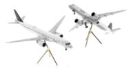 View of the model on display stand, 1/200 scale diecast model Embraer E195-E2 registration C-GKQL in Porter Airlines livery - Gemini Jets G2POE1230