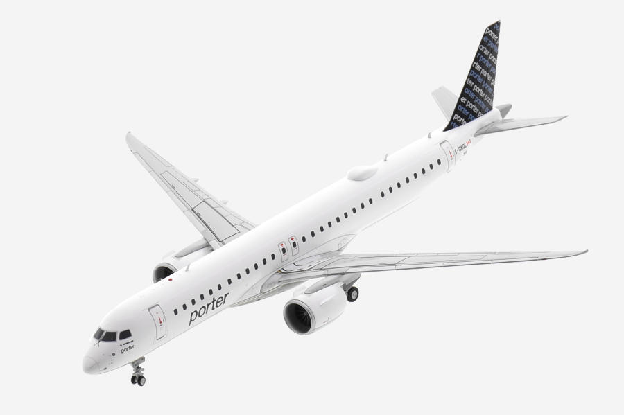 Top view of the 1/200 scale diecast model Embraer E195-E2 registration C-GKQL in Porter Airlines livery - Gemini Jets G2POE1230