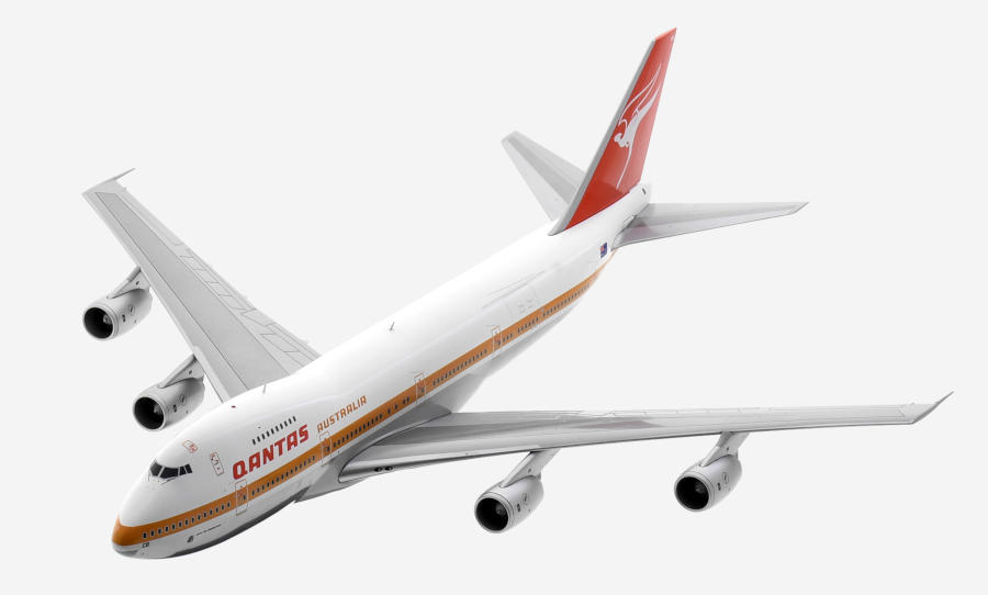 Top view of the 1/200 scale diecast model of the Boeing 747-200M registration VH-ECB  in Qantas Airways Ochre livery, circa 1980 - Gemini Jets G2QFA554