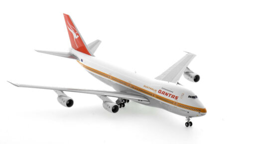 Front starboard side view of the 1/200 scale diecast model of the Boeing 747-200M registration VH-ECB  in Qantas Airways Ochre livery, circa 1980 - Gemini Jets G2QFA554