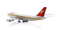Rear view of the 1/200 scale diecast model of the Boeing 747-200M registration VH-ECB  in Qantas Airways Ochre livery, circa 1980 - Gemini Jets G2QFA554
