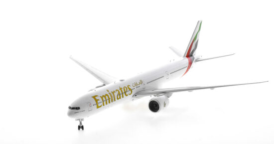 Front port side view of the 1/200 scale diecast model Boeing 777-300ER of registration A6-ENV in Emirates new livery - Gemini Jets G2UAE1250