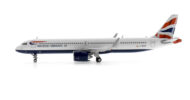 Port side view of the 1/400 scale diecast model Airbus A321-200NX (ACF), registration G-NOER, in British Airways livery - Gemini Jets GJBAW2115