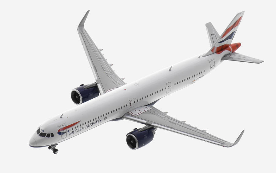 Top view of the 1/400 scale diecast model Airbus A321-200NX (ACF), registration G-NOER, in British Airways livery - Gemini Jets GJBAW2115