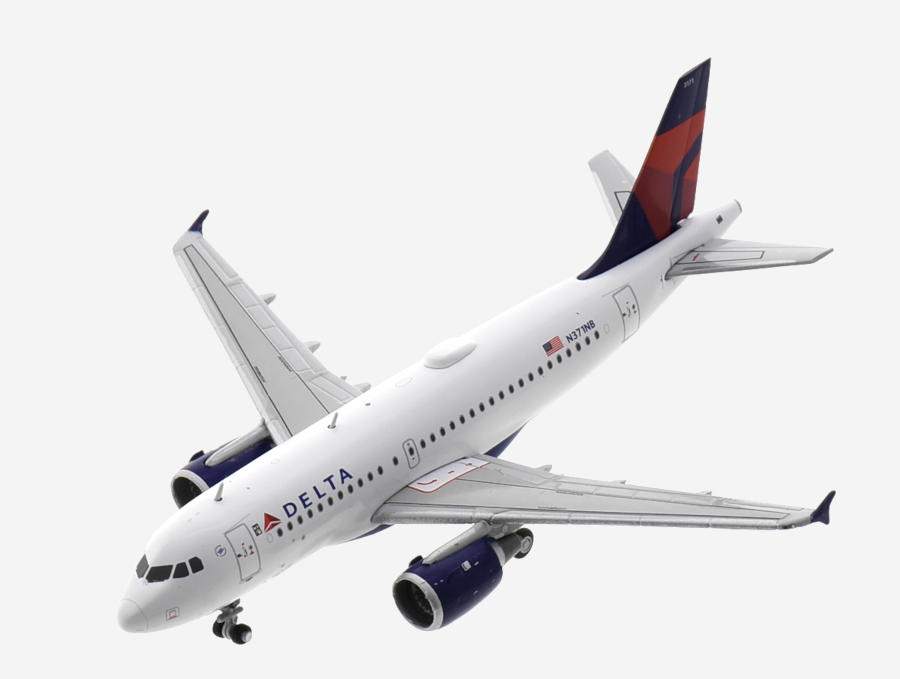 Top view of the 1/400 scale diecast model Airbus A319-100, registration N371NB in Delta Air Lines livery - Gemini Jets GJDAL2093