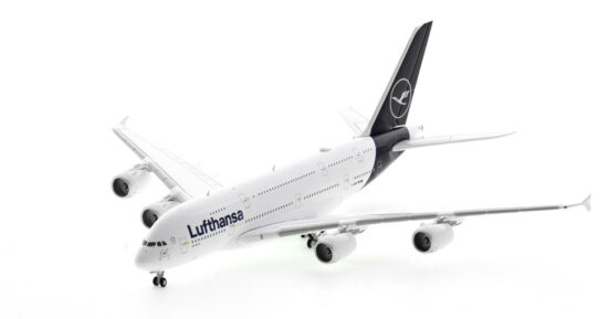 Front port side view of the 1/400 scale diecast model of the Airbus A380-800, registration D-AIMK, in Deutsche Lufthansa livery - Gemini Jets GJDLH2172