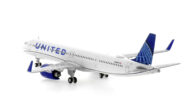 Rear view of the 1/400 scale diecast model of the Airbus A321-200NX (ACF), registration N44501 in United Airlines livery - Gemini Jets GJUAL2245 