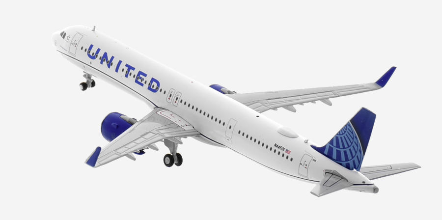 Top rear view of the 1/400 scale diecast model of the Airbus A321-200NX (ACF), registration N44501 in United Airlines livery - Gemini Jets GJUAL2245 