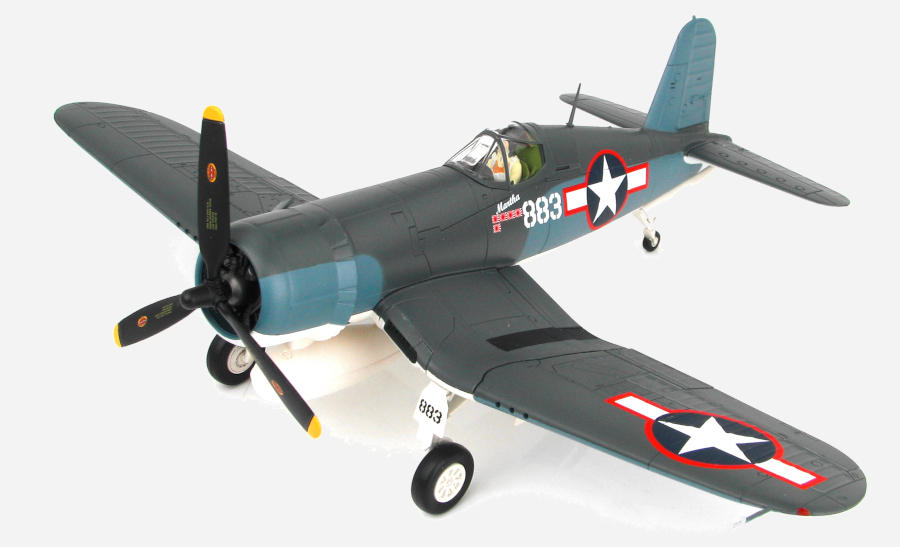 Front port side view of the 1/48 scale diecast model Chance Vought F4U-1A Corsair "White 883" named Martha of VMF-214 "Black Sheep", USMC 1943 - Hobby Master HA8218