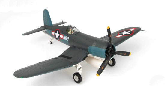 Front starboard side view of the 1/48 scale diecast model Chance Vought F4U-1A Corsair "White 883" named Martha of VMF-214 "Black Sheep", USMC 1943 - Hobby Master HA8218