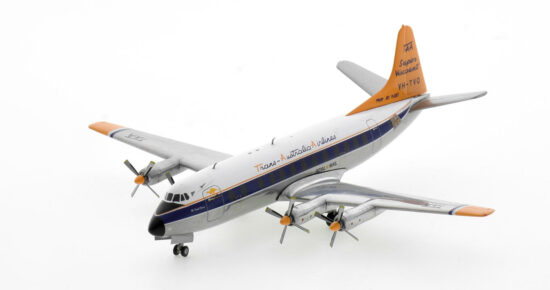 Front port side view of the 1/200 scale diecast model Vickers Viscount 810, registration VH-TVQ named "McDouall Stuart" in Trans Australian Airways "Day Glow" livery, circa the early 1960s - Herpa Wings HE572859