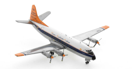 Front starboard side view of the 1/200 scale diecast model Vickers Viscount 810, registration VH-TVQ named "McDouall Stuart" in Trans Australian Airways "Day Glow" livery, circa the early 1960s - Herpa Wings HE572859