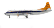 Port side view of the 1/200 scale diecast model Vickers Viscount 810, registration VH-TVQ named "McDouall Stuart" in Trans Australian Airways "Day Glow" livery, circa the early 1960s - Herpa Wings HE572859