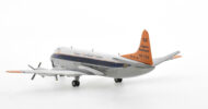 Rear view of the 1/200 scale diecast model Vickers Viscount 810, registration VH-TVQ named "McDouall Stuart" in Trans Australian Airways "Day Glow" livery, circa the early 1960s - Herpa Wings HE572859