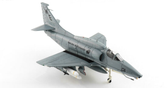Front starboard side view of the 1/72 scale diecast model of the Douglas A-4M Skyhawk BuNo 160030, VMA-214 "Black Sheep", tail code  EW/01, United States Marine Corps, 1986 - Hobby Master HA1431