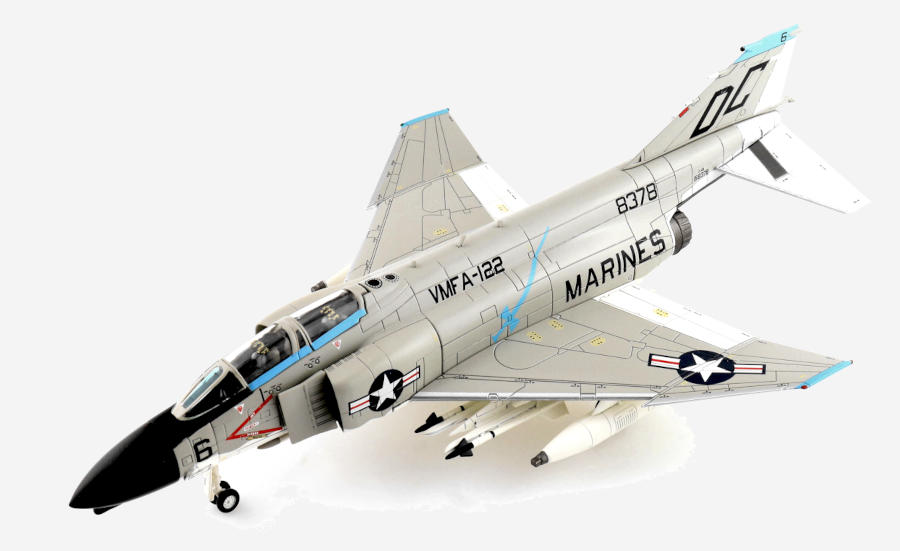 Front port side view of the 1/72 scale diecast model of the McDonnell Douglas F-4B Phantom II BuNo 158378, tail code DC/06. Marine Fighter Attack Squadron 122 "Crusaders, United States Marine Corps, 1968 - Hobby Master HA19049