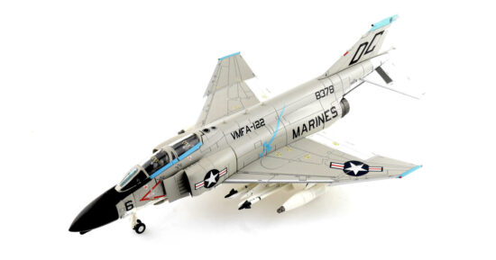 Front port side view of the 1/72 scale diecast model of the McDonnell Douglas F-4B Phantom II BuNo 158378, tail code DC/06. Marine Fighter Attack Squadron 122 "Crusaders, United States Marine Corps, 1968 - Hobby Master HA19049