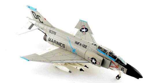 Front starboard side view of the 1/72 scale diecast model of the McDonnell Douglas F-4B Phantom II BuNo 158378, tail code DC/06. Marine Fighter Attack Squadron 122 "Crusaders, United States Marine Corps, 1968 - Hobby Master HA19049
