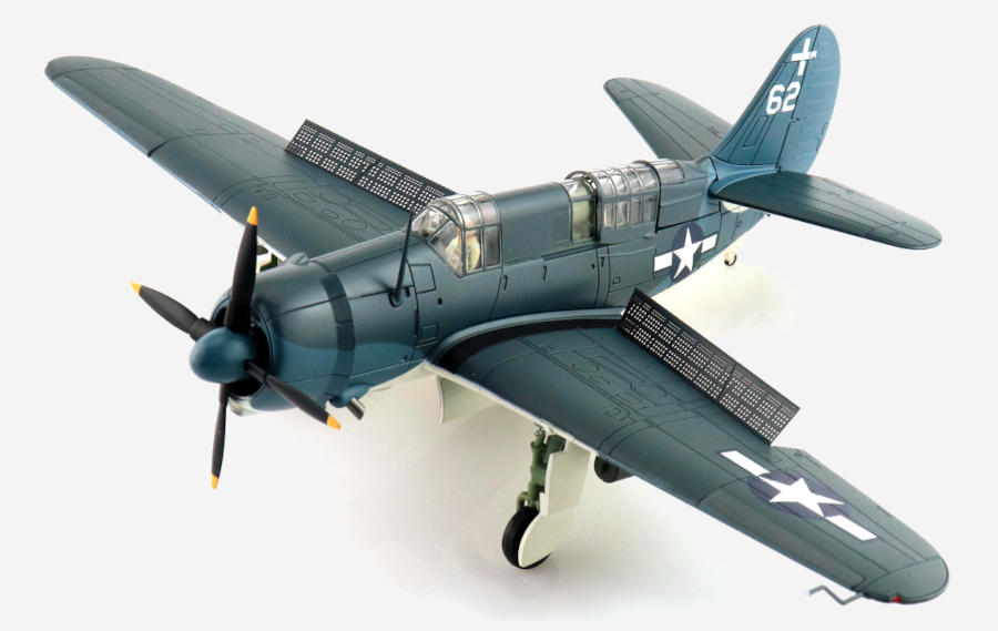 Front port side view of the 1/72 scale diecast model Curtiss SB2C-3 Helldiver  "White 62" of Bombing Squadron 18 "Sunday Punches", United States Navy, Battle of Leyte Gulf, October 1944 - Hobby Master HA2215