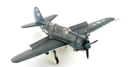 Front starboard side view of the 1/72 scale diecast model Curtiss SB2C-3 Helldiver  "White 62" of Bombing Squadron 18 "Sunday Punches", United States Navy, Battle of Leyte Gulf, October 1944 - Hobby Master HA2215
