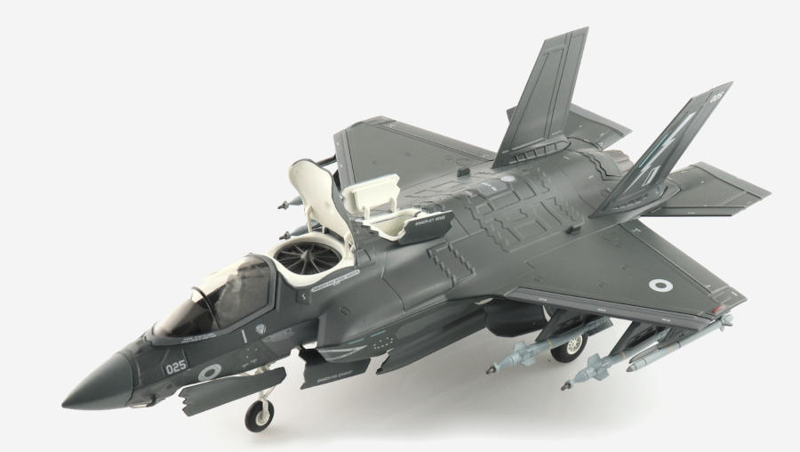 Front port side view of the 1/72 scale diecast model Lockheed Martin F-35B Lightning II of s/n ZM159/025, No. 617 Sqn “Dam Busters”, RAF,  “Operation Achillean”, November 2022 - Hobby Master HA4618