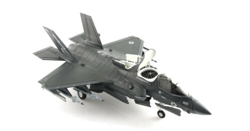 Front starboard side Front port side view of the 1/72 scale diecast model Lockheed Martin F-35B Lightning II of s/n ZM159/025, No. 617 Sqn “Dam Busters”, RAF,  “Operation Achillean”, November 2022 - Hobby Master HA4618