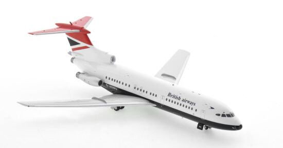 Front starboard side view of the 1/200 scale diecast model of the Hawker Siddeley HS-121 Trident 1E registration G-ASWU in British Airways livery, circa the late 1970s - ARD ARDBA52