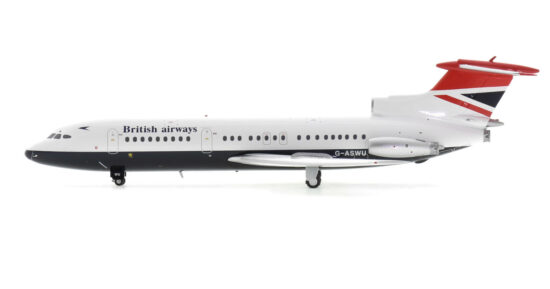 Port side view of the 1/200 scale diecast model of the Hawker Siddeley HS-121 Trident 1E registration G-ASWU in British Airways livery, circa the late 1970s - ARD ARDBA52