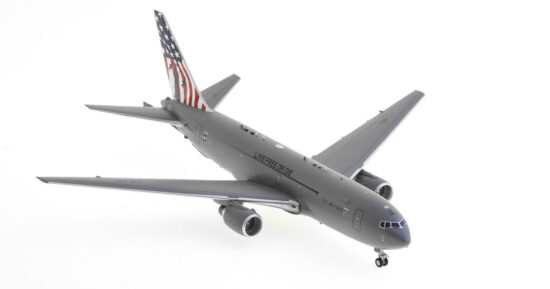 Front starboard side view of the 1/200 scale diecast model Boeing KC-46A Pegasus "Spirit of Portsmouth" with "Live Free or Die" tail logo, S/N 17-460634, 157th Air Refueling Wing, New Hampshire Air National Guard  - B Models B-KC46-USAF
