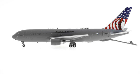 Port side view of the 1/200 scale diecast model Boeing KC-46A Pegasus "Spirit of Portsmouth" with "Live Free or Die" tail logo, S/N 17-460634, 157th Air Refueling Wing, New Hampshire Air National Guard  - B Models B-KC46-USAF
