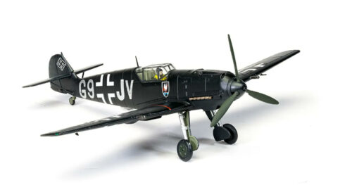 Front starboard side view of the 1/72 scale diecast model of the BF 109E-4 tactical number G9+JV of Nachtjagdgeschwader 1 (Night Fighter Wing 1: NJG 1), Luftwaffe, Germany, 1940 - Corgi Aviation Archive AA28008 
