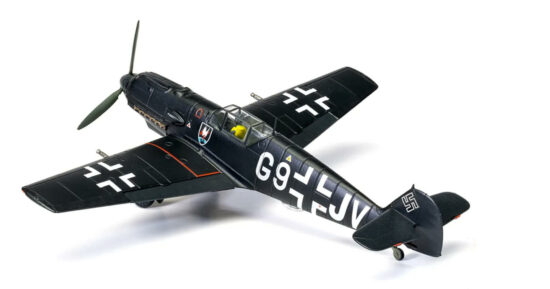 Rear view of the 1/72 scale diecast model of the BF 109E-4 tactical number G9+JV of Nachtjagdgeschwader 1 (Night Fighter Wing 1: NJG 1), Luftwaffe, Germany, 1940 - Corgi Aviation Archive AA28008 