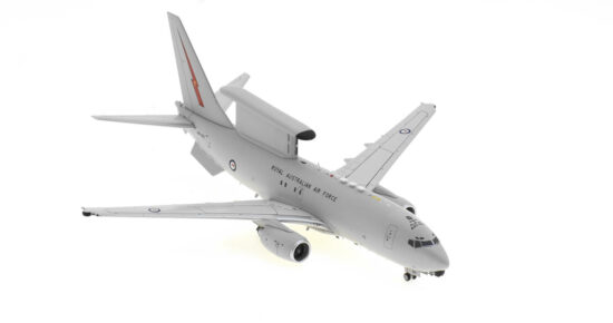 Front starboard side view of the 1/200 scale diecast model Boeing E-7A Wedgetail serial number A30-002 of No. 2 Squadron Royal Australian Air Force - Gemini Jets G2RAA1253