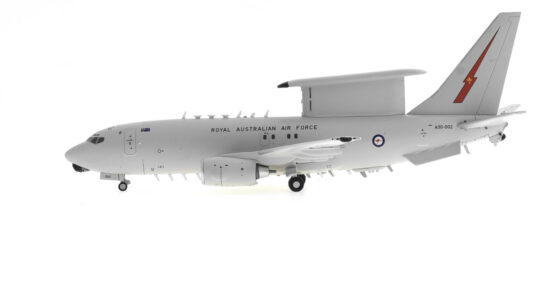 Port side view of the 1/200 scale diecast model Boeing E-7A Wedgetail serial number A30-002 of No. 2 Squadron Royal Australian Air Force - Gemini Jets G2RAA1253