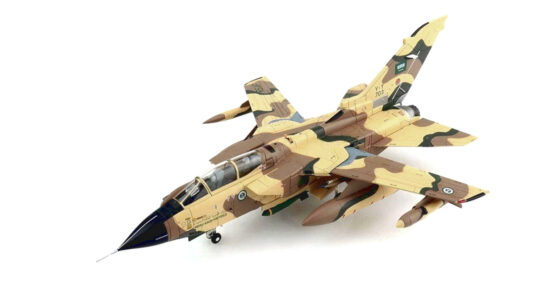 Front port side view of the 1/72 scale diecast model Panavia Tornado IDS,#703 of No. 7 Squadron, Royal Saudi Air Force,  "Exercise Saudi Sword 2007" - Hobby Master HA6710