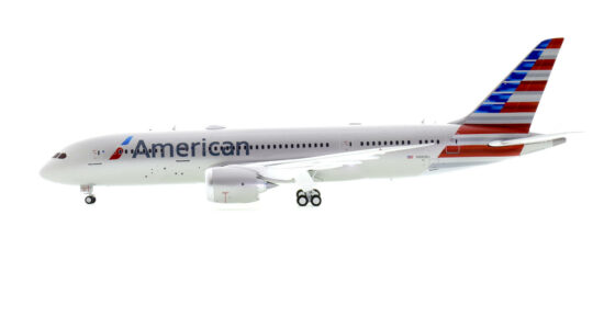 Port side view of the 1/200 scale diecast model of the Boeing 787-8 Dreamliner, registration N880BJ, in American Airlines livery - Inflight200 F788AA1023