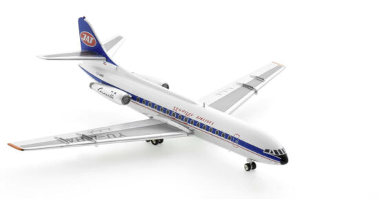 Front starboard side view of the 1/200 scale diecast model Sud Aviation SE 210 Caravelle 10R, registration YU-AHA, named "Dubrovnik" in JAT Yugoslav Airlines livery, circa 1970 - Inflight200 IF210JU1120P