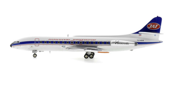 Port side view of the 1/200 scale diecast model Sud Aviation SE 210 Caravelle 10R, registration YU-AHA, named "Dubrovnik" in JAT Yugoslav Airlines livery, circa 1970 - Inflight200 IF210JU1120P