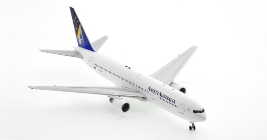 Front starboard side view of the 1/200 scale diecast model of the Boeing 767-300ER, registration VH-BZF in Ansett Airlines "Starmark" livery, circa the late 1990s - Inflight200 IF763AN1123