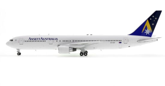 Port side view of the 1/200 scale diecast model of the Boeing 767-300ER, registration VH-BZF in Ansett Airlines "Starmark" livery, circa the late 1990s - Inflight200 IF763AN1123