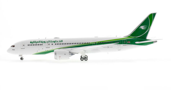 Port side view of the 1/200 scale diecast model of the Boeing 787-8 Dreamliner, registration YI-ATC, in Iraqi Airways livery - Inflight200 IF788IA0823