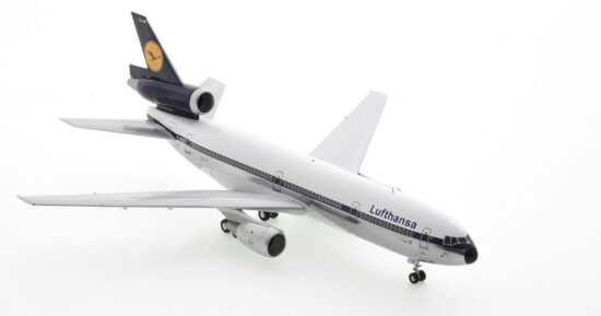 Front starboard side view of the 1/200 scale diecast model of the McDonnell Douglas DC-10-30 registration D-ADCO in Lufthansa livery circa the 1980s - JFox JF-DC10-3-011P